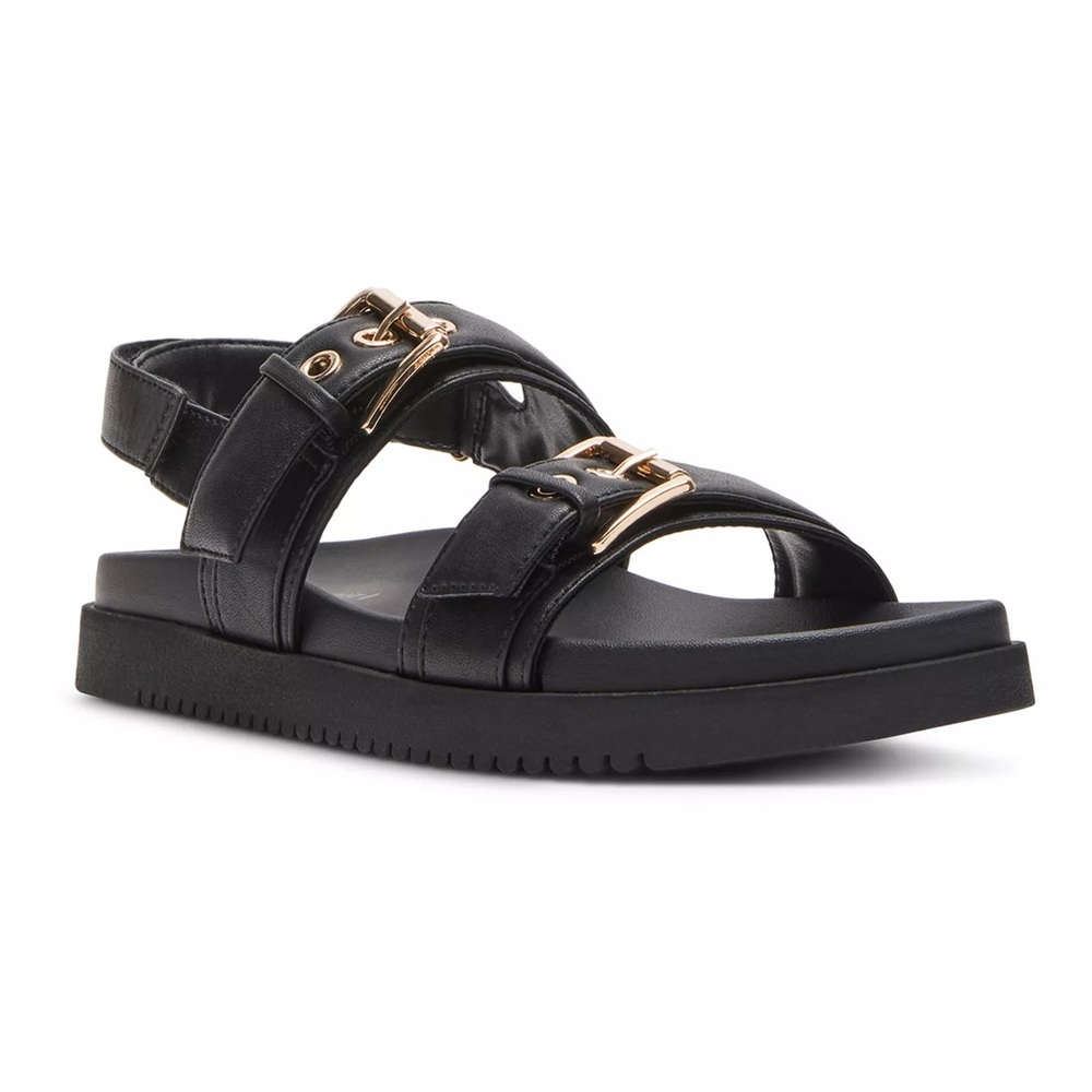 Madden Girl Sprint Black Sandal with Gold Buckles